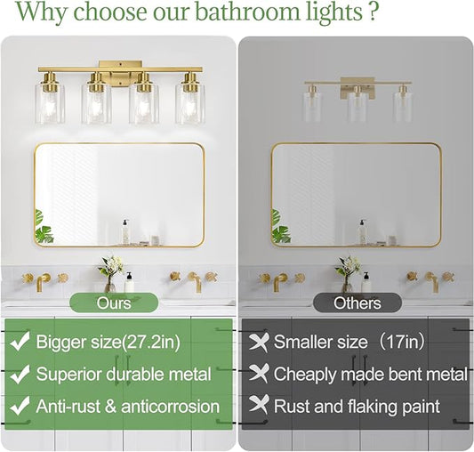 4-Light Bathroom Light Fixtures, Vanity Light with Clear Glass Shades, Brushed Gold Bathroom Light Fixtures Over Mirror, Modern Bathroom Wall Lamp for Mirror Living Room Cabinet Bedroom