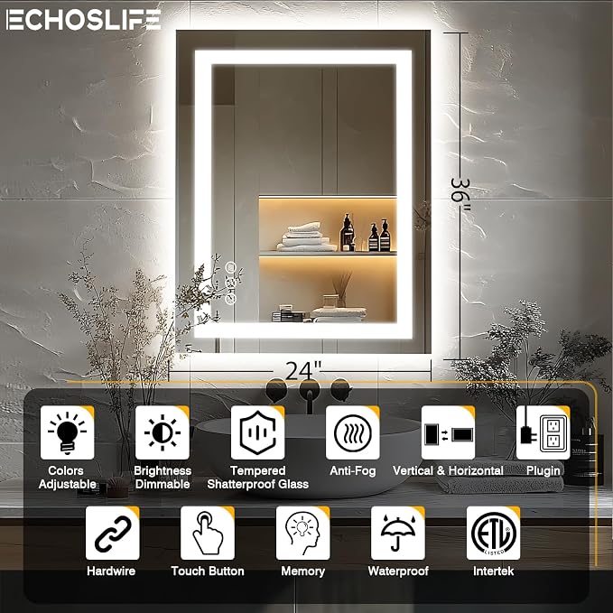 EchosLife 24"x36" LED Bathroom Mirrors for Wall | Backlit + Front Lit, Anti-Fog, Stepless Dimmable, 3 Colors, Memory, Tempered Glass, UL Listed, Horizontal/Vertical