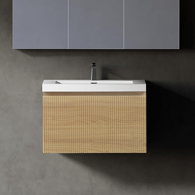 24'' Floating Bathroom Vanity with Sink Combo, Modern Wall-Mounted Striped Bathroom Storage Cabinet with Soft-Close Drawer and Glossy White Solid Surface Basin, No Assembly Required, Natural Oak