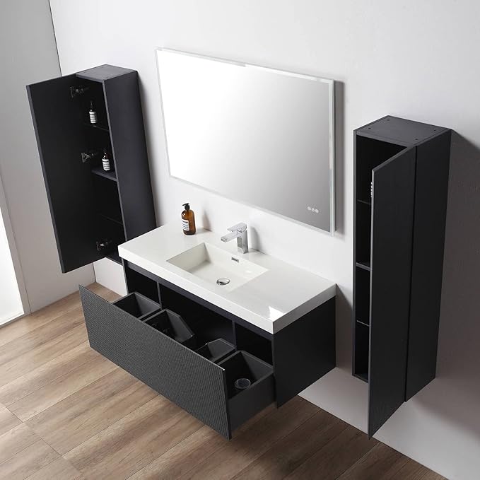 Blossom 48 Inch Bathroom Vanity with Sink and 2 Side Cabinets, All Wood Wall Mounted Floating Bathroom Vanity Cabinet with Acrylic Sink, Soft-Close Drawers, Bathroom Vanities, Night Blue
