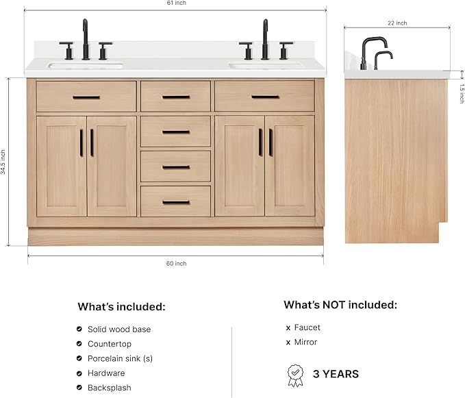 DKB Isabella 60-Inch Oak Double Bathroom Vanity with Sink, Pure White Quartz Countertop 1.5" Edge & 4" Backsplash, Soft Closing Doors & Drawers, Matte Black Hardware