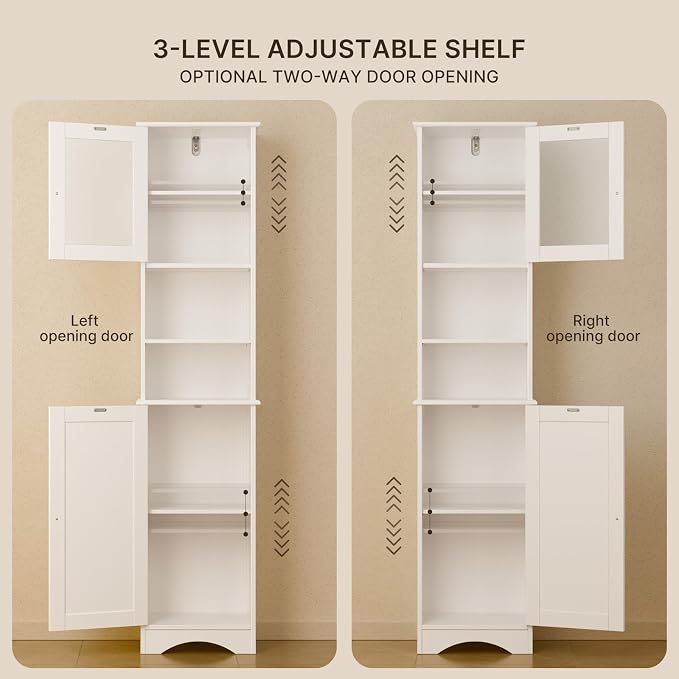 Gizoon 67.1" Tall Bathroom Storage Cabinet with Adjustable Shelves | Narrow Tall Linen Tower with Open Shelves, Two-way Doors, Anti-Tip, for Home, Kitchen, Living Room, White