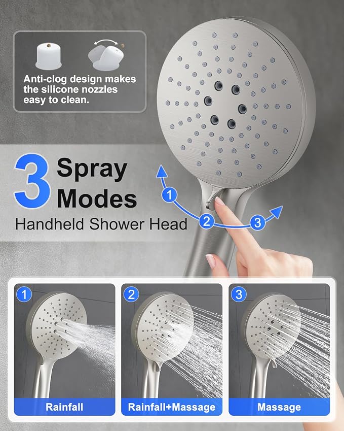 Iriber Brushed Nickel Shower head with Handheld,8"+10" Shower Faucet Set | 10 Inch Ceiling +8 Inch Wall Mount Dual Shower Heads,Push Button Diverter,3 Setting Handheld,Pressure Balance Valve Cartridge