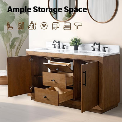 Vanity Art 60 inch Double Sink Bathroom Vanity, Vanity Cabinet with Doors and Shelf, Modern Wood Bathroom Vanity with White Marble Top, Solid Wood Frame, 3 Functioning Drawers, VA7060DE