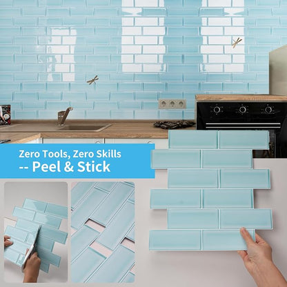 Art3d Seaglass Subway Design Peel and Stick Backsplash, 10-Pack, Aqua Blue | 12 x 12 Inch, Water Resistant, Durable, Easy to Installation, Coastal Style, for Modern Home Decor, Kitchen, Home Improvement
