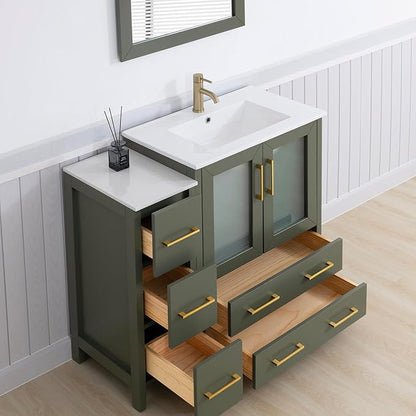 Vanity Art 42 Inch Under Mount Single Sink Bathroom Vanity Cabinet with 1 Mirror, Ceramic Top Bathroom Cabinet Compact Set with 5 Dovetail Storage Drawers, Golden Brushed Handles, VA3030-42-VG