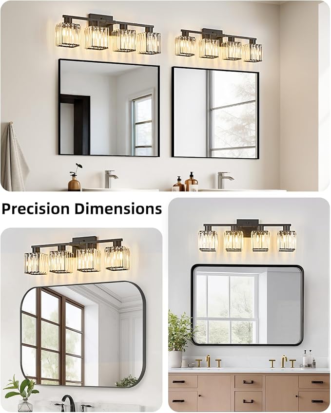 4-Light Bathroom Light Fixtures, Modern Black Crystal Wall Light for Bathroom,Lighting Fixtures Over Mirror
