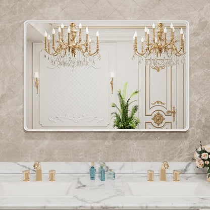 LOAAO 48x36 Inch White Metal Framed Bathroom Mirror | Rounded Rectangle, Anti-Rust, Tempered Glass, Hangs Horizontally or Vertically