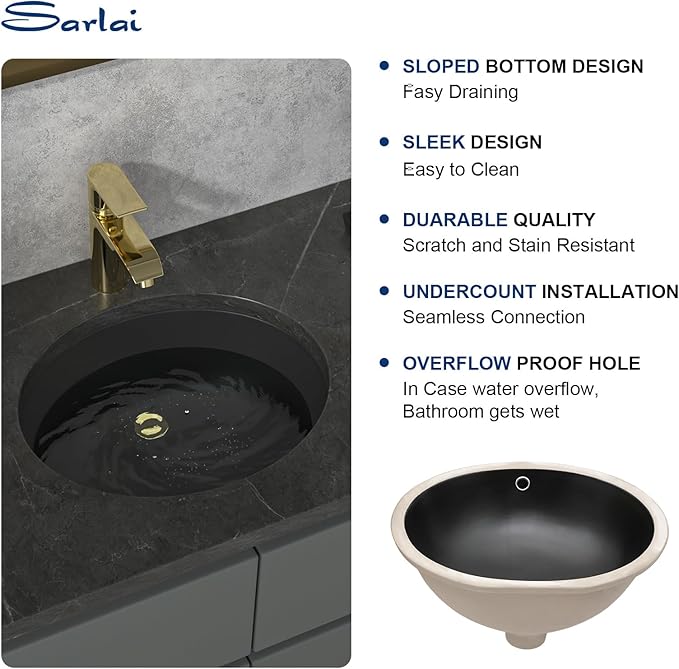 Sarlai Black Undermount Bathroom Sink -18 x15 inch Oval Vessel Sink Under counter Lavatory Sink Black Ceramic Vanity with Overflow, Modern Art Basin, Interior Dimension 16-1/7 x 13 Inch