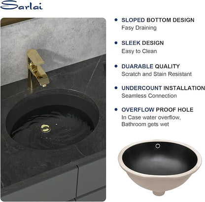Sarlai Black Undermount Bathroom Sink -18 x15 inch Oval Vessel Sink Under counter Lavatory Sink Black Ceramic Vanity with Overflow, Modern Art Basin, Interior Dimension 16-1/7 x 13 Inch