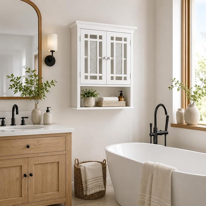 Teamson Home Windsor White Engineered Wood Bathroom Wall Cabinet with Glass Mosaic Doors