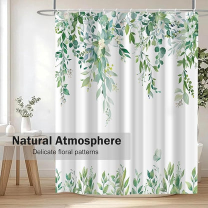 Light Green Floral Eucalyptus Shower Curtain with Hooks, 72x84 Inch | Waterproof Fabric, Watercolor Leaves and Floral, Botanical Style, Machine Washable, Quick-Drying, for Hotel Bathroom