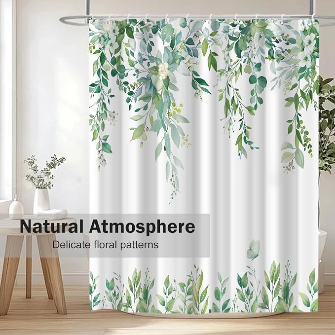 Light Green Floral Eucalyptus Shower Curtain with Hooks, 72x72 Inch | Waterproof Fabric, Watercolor Leaves and Floral, Botanical Style, Machine Washable, Quick-Drying, for Hotel Bathroom