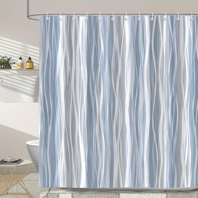 Moonslim Blue Grey Ombre Shower Curtain, Modern Wavy Abstract Striped Line Bathroom Curtain, Waterproof Fabric Bath Decor, 72 x 84 Inch