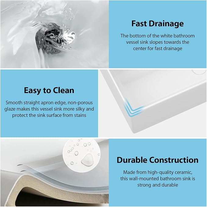 Wallmounted Bathroom Vessel Sink - 21"x12" Rectangular Floating Wall Hung Sinks Ceramic Wash Hand Basin White Wall Mount Vanity Sink for Modern Bathroom