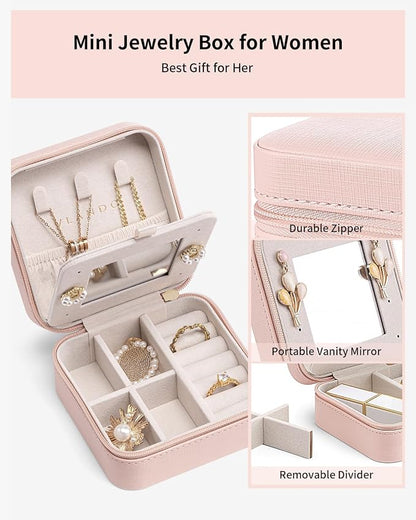 VLANDO Travel Jewelry Box, Small Jewelry Travel Organizer Case for Girls Women - Pink Mirror*6 pack | Necklace Hook for Anti-tangle, Removable Dividers, Waterproof PU Leather,Portable Storage for Rings, Necklace Gifts for Women