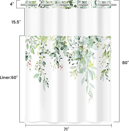 No Hook Shower Curtain with Liner, Eucalyptus Sage Green, 71x80 | Snap in Liner, 3 in 1, Water Repellent, Easy Install, Machine Washable, Hotel Style for Bathroom, Watercolor Pattern