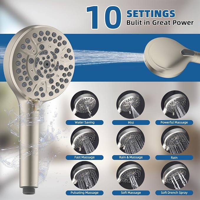 12" Metal Rainfall Shower Head with 10-Mode Handheld, Brushed Nickel | NSF/ANSI/CAN 372 Certified, High Pressure Showerhead Combo with 11" Adjustable Shower Arm, 71" Hose, Shower Head Holder