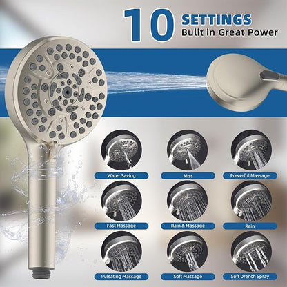 12" Metal Rainfall Shower Head with 10-Mode Handheld, Brushed Nickel | NSF/ANSI/CAN 372 Certified, High Pressure Showerhead Combo with 11" Adjustable Shower Arm, 71" Hose, Shower Head Holder