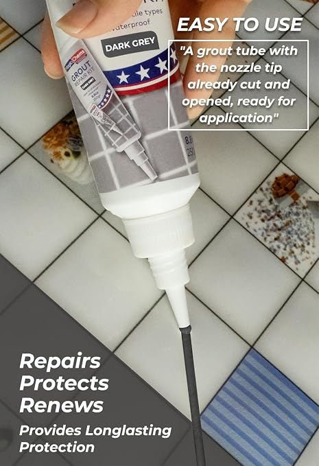 Tile Grout Repair, Dark Grey 8.8 oz/250gr. Fast Drying Grout Repair Kit, Grout Filler Tube Repair Kit, Tile Grout Paint, Grout Sealer Restore and Renew Bathroom Floor, Tile Gaps, Joints, Lines