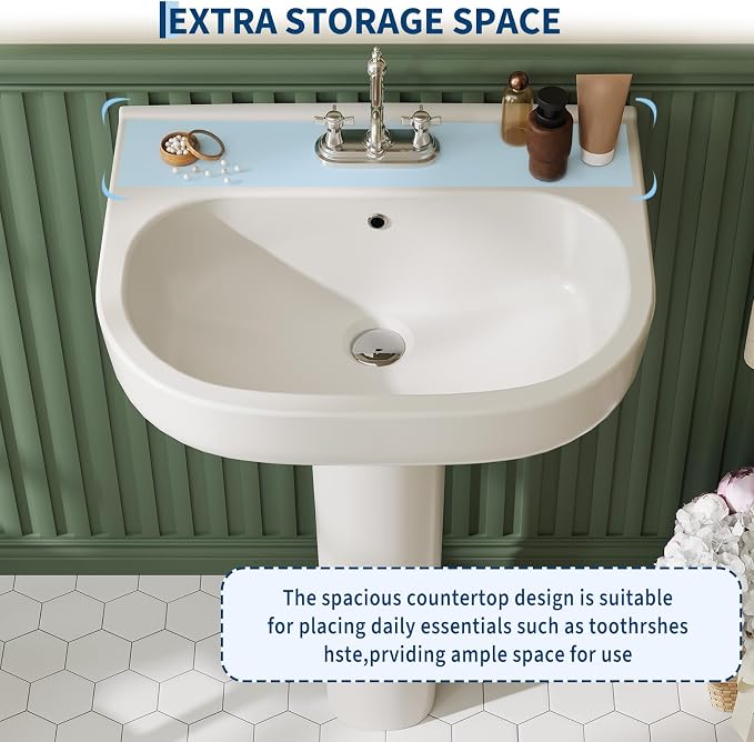 22" x 17" Pedestal Sink – White Ceramic Rectangular Bathroom Vanity with Overflow, Bathroom Pedestal Sink with 3 Pre-Drilled Holes for 4 in Faucets