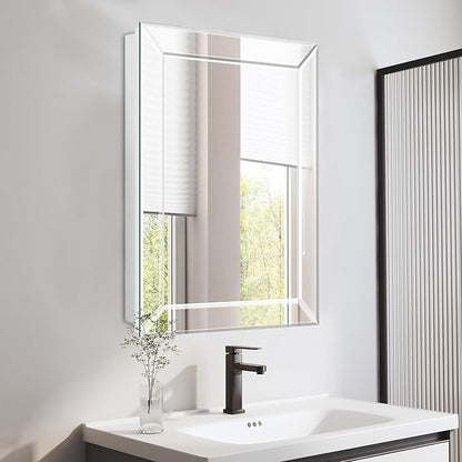 Bathroom Medicine Cabinet with 16x26 Inch Frameless Beveled Edge Mirror, Surface/Recessed Mount Vanity Storage Cabinet for Bathroom
