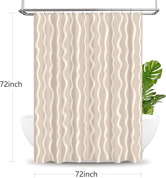 Tititex Cute Curvy Wavy Lines 140gsm Faux Linen Fabric Shower Curtain, Elegant Beige Cream Wave Striped Shower Curtain Sets Decoration 72x72 Inch with Hooks