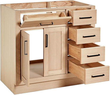 ARIEL Hepburn 36-inch Bathroom Vanity Base Cabinet,Solid Wood, 2 Soft Closing Doors, 5 Dovetail Drawers, White Oak