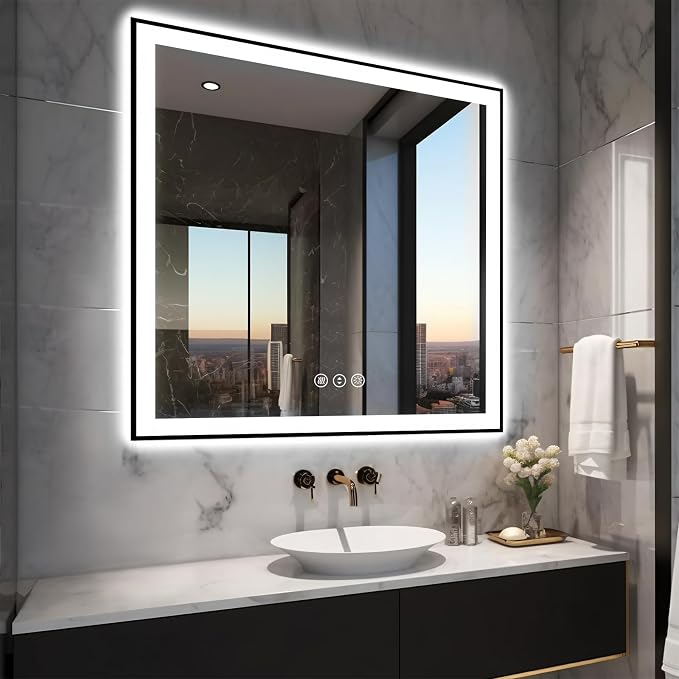 EchosLife 36x36 Square LED Bathroom Mirror - Black Aluminum Framed | Black Frame, Front and Backlit, Anti-Fog, Stepless Dimmable, 3 Colors, Memory, Tempered Glass, UL Listed, Horizontal/Vertical
