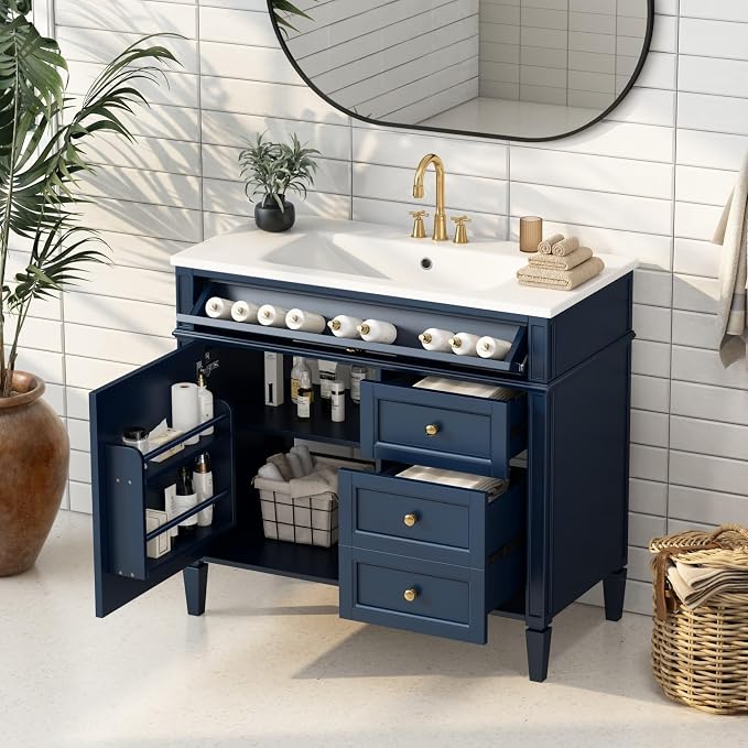 36'' Bathroom Vanity with Top Single Resin Sink Countertop Combo, Solid Wood Frame Modern Organizer Storage Cabinet, Tip-Out Drawer, Soft Closing Doors, Free Standing, Blue