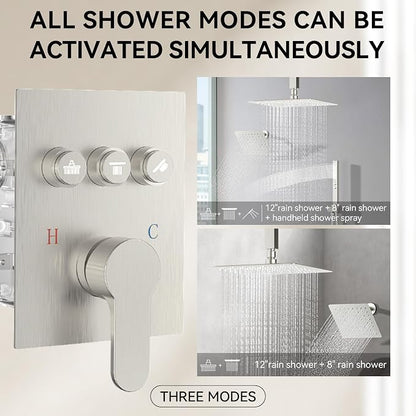 Shower Faucet Set Brushed Nickel Shower System,STARBATH 12+6" Rainfall Shower Head with Handheld 2 Spray High Pressure, Push Button Diverter Shower Valve Can Run All Together
