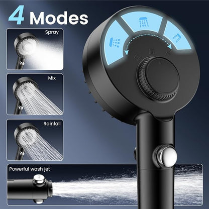 Filtered Shower Head with Handheld, High Pressure Showerhead with Filters | 4 Spray, ON/OFF Button for Pets, Detachable Shower Heads with Water Softener Filter Beads for Hard Water- Remove Chlorine