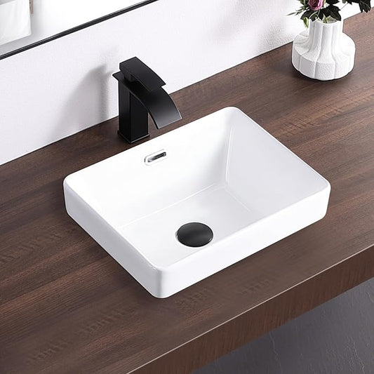 Small Bathroom Vessel Sink 15.5'' x 11.9'' Semi Recessed Bathroom Sink Rectangular Drop-in Vanity Sink with Overflow White Ceramic Modern Art Basin