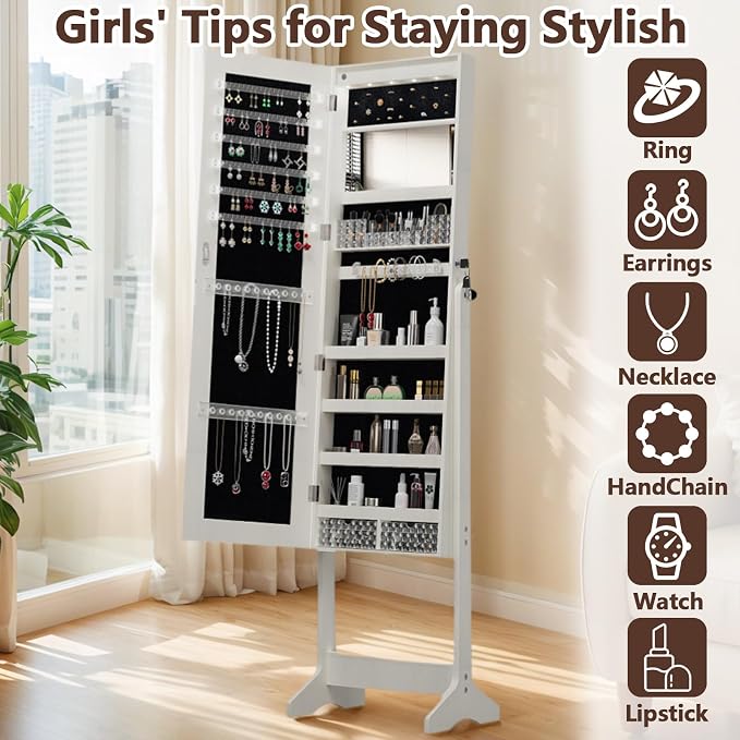 HRVEOCEI LED Mirror Jewelry Cabinet Standing, 63inch Lockable Jewelry Armoire Cabinet Standing with Storage Shelves, Full Length Mirror with Storage for Woman Girl Gift (63Inch White)