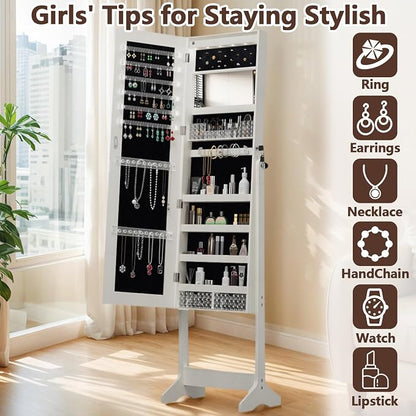 HRVEOCEI LED Mirror Jewelry Cabinet Standing, 63inch Lockable Jewelry Armoire Cabinet Standing with Storage Shelves, Full Length Mirror with Storage for Woman Girl Gift (63Inch White)