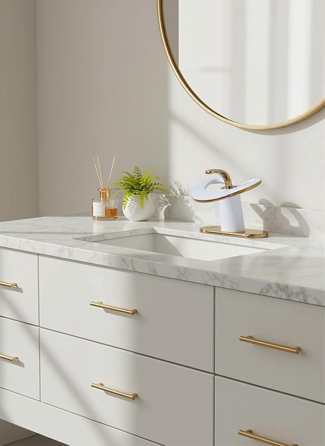 White Gold Waterfall Single Hole Vanity Sink 2 Tone Brass Unique Modern Bathroom Faucets, Luxury Elegant Hollow 1 Handle Faucet, Basin Tap for RV Bar Laundry with Pop up Drain, Sink Romodel