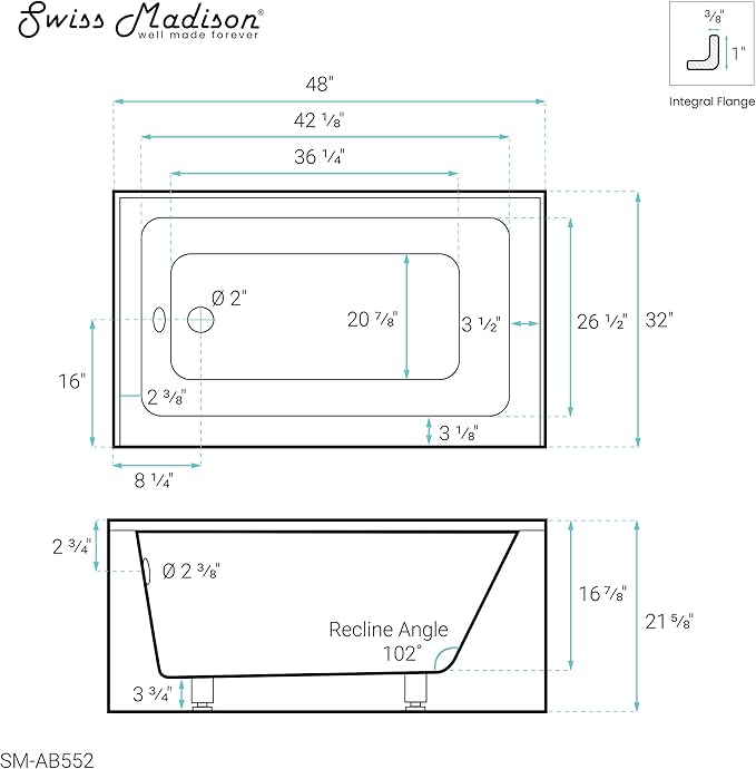 Voltaire 48" x 32" Left-Hand Drain Alcove Bathtub with Apron
