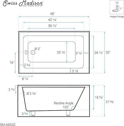 Voltaire 48" x 32" Left-Hand Drain Alcove Bathtub with Apron