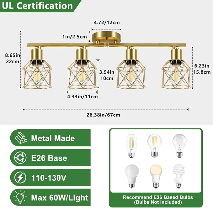 Baocuz 4-Lights Kitchen Light Fixtures Ceiling Mount, Adjustable Multi-Directional Brushed Gold Semi Flush Mount Ceiling Light, Metal Wire Cage Spotlight Ceiling Fixtures for Dining Room, Farmhouse