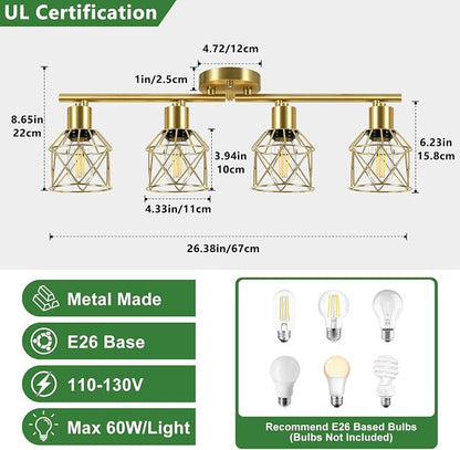 Baocuz 4-Lights Kitchen Light Fixtures Ceiling Mount, Adjustable Multi-Directional Brushed Gold Semi Flush Mount Ceiling Light, Metal Wire Cage Spotlight Ceiling Fixtures for Dining Room, Farmhouse