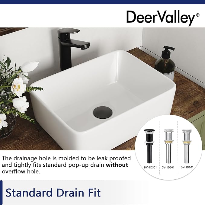 DeerValley Liberty 16x12 Inch Rectangular Vessel Sink, White Ceramic Above Counter Bathroom Basin, DV-1V0048