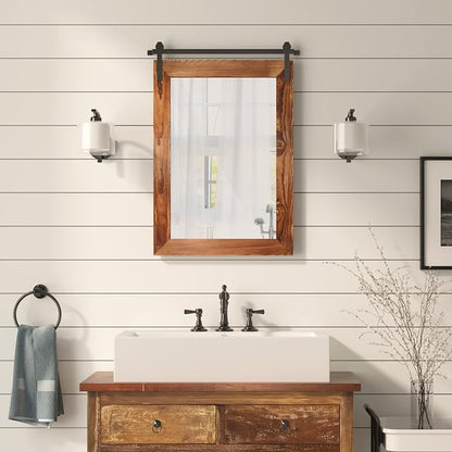 COGOOD Farmhouse Barn Door Mirror - 26 x 17 Brown | Rustic Wood Framed Vanity Mirror for Entryway, Living Room, Bedroom, Bathroom Wall Decor