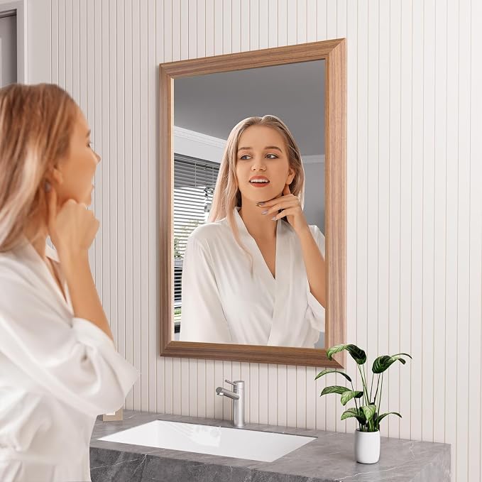 Bathroom Mirror for Wall, 24 X36 Inch (Walnut Wood Grain) | Metal Framed, HD Reflection, Anti-Rust, Hang Horizontally/Vertically, Suitable for Bedroom, Farmhouse, Bathroom, Entryway