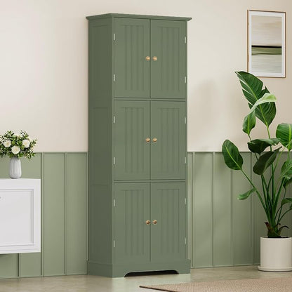 ChooChoo 63.2" Tall Bathroom Storage Cabinet with 6 Doors | Freestanding Floor Cabinet, Adjustable Shelves, Pantry Cabinet for Bathroom, Kitchen, Laundry Room, Green