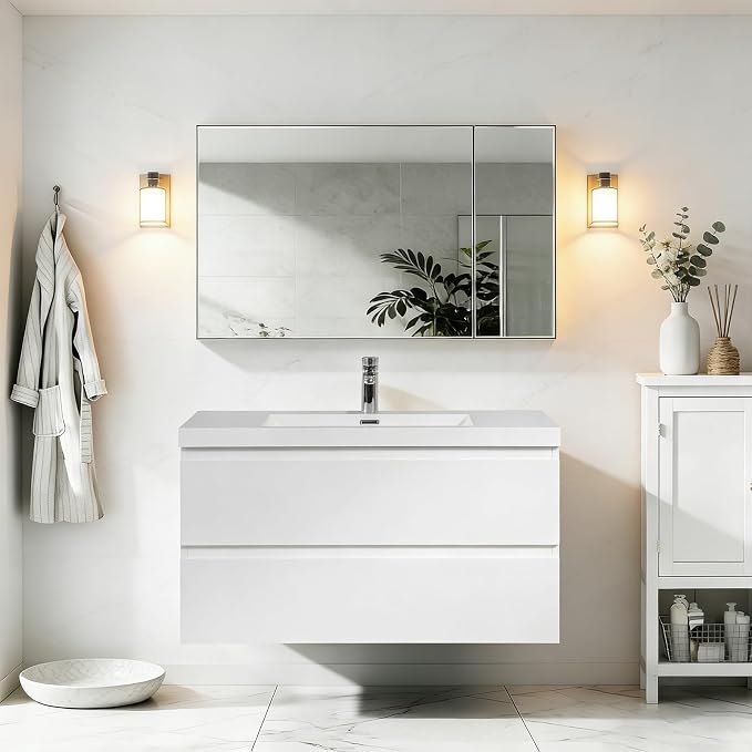 42" Floating Bathroom Vanity Sink, Glossy White | Storage Cabinet Wall Mounted Cabinet, Solid Surface Basin, Soft Close Drawers, Fully Assembled