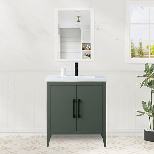 HomeBeyond 30 Inch Bathroom Vanity with Sink & Ceramic Top, Single Vanity Cabinet with Basin, Soft-Closing Doors & Matte Black Hardware, Vintage Green