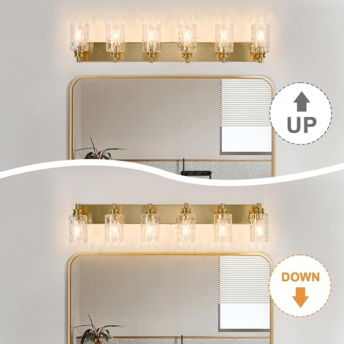 6 Light Bathroom Vanity Light Modern Brushed Gold Bathroom Light Fixtures Over Mirror with Hammered Glass Lampshade for Kitchen Hallway
