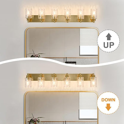 6 Light Bathroom Vanity Light Modern Brushed Gold Bathroom Light Fixtures Over Mirror with Hammered Glass Lampshade for Kitchen Hallway