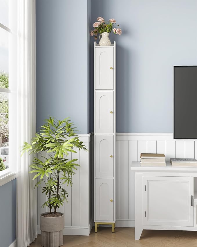 Hzuaneri 4-Tier Narrow Tall Storage Cabinet | Slim Bathroom Storage Cabinet with 4 Adjustable Feet and Shelves, for Living Room, Laundry Room, White, 7.9"Dx7.9"Wx70.9"H