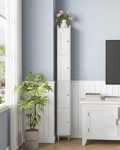 Hzuaneri 4-Tier Narrow Tall Storage Cabinet | Slim Bathroom Storage Cabinet with 4 Adjustable Feet and Shelves, for Living Room, Laundry Room, White, 7.9"Dx7.9"Wx70.9"H